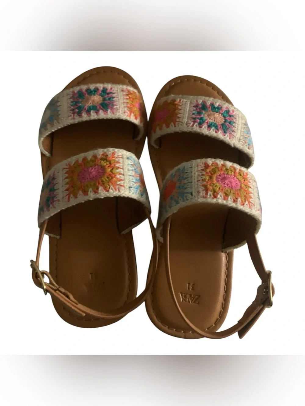 Zara Tan Leather Sandals with Multicolor Crochet Straps Girl 13